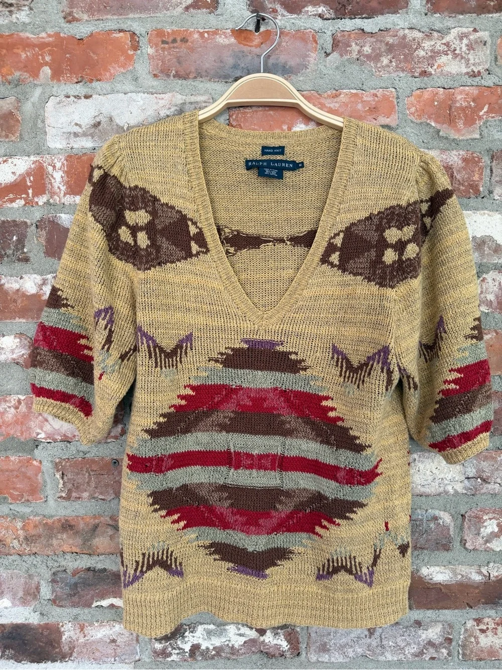 Ralph Lauren Hand Knit Aztec Southwest Linen Silk Blend Sweater Medium - Picture 2 of 6